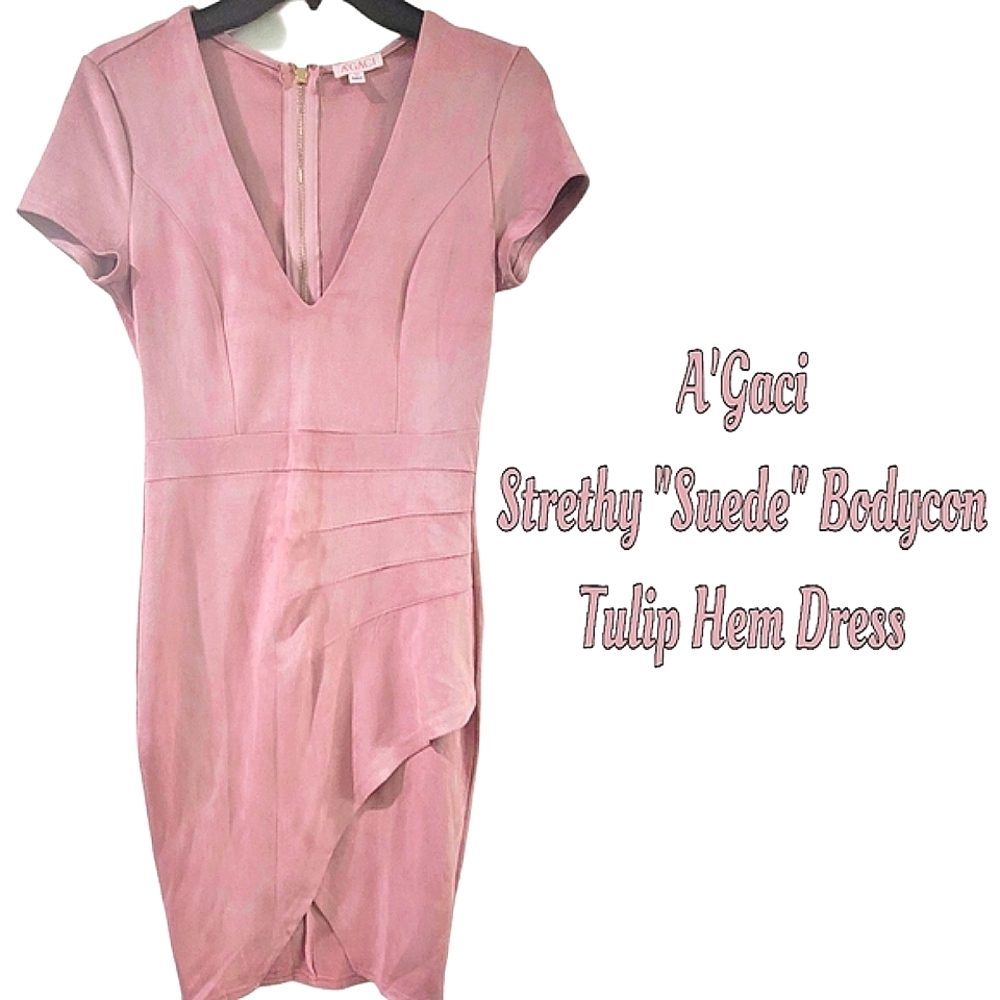 STUNNING A'GACI Stretchy faux suede detailed dress with tulip hem. 🌷 rose mauve